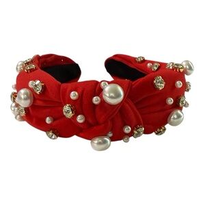 Red Knotted Headband with Pearls & Rhinestones